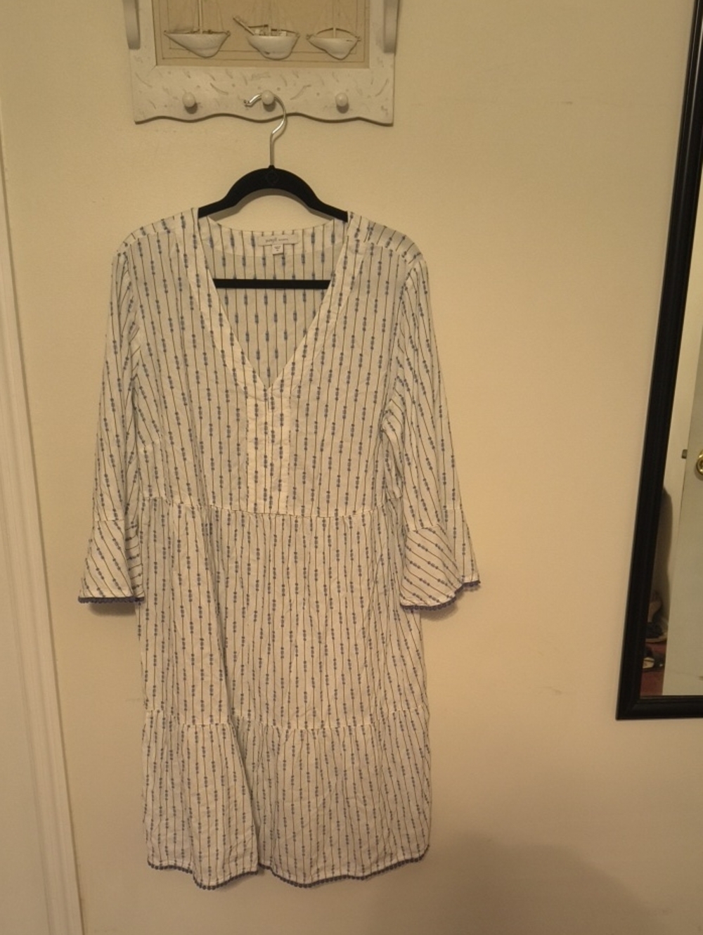 Women's White and Navy Striped V-Neck Tiered Long Sleeve Dress